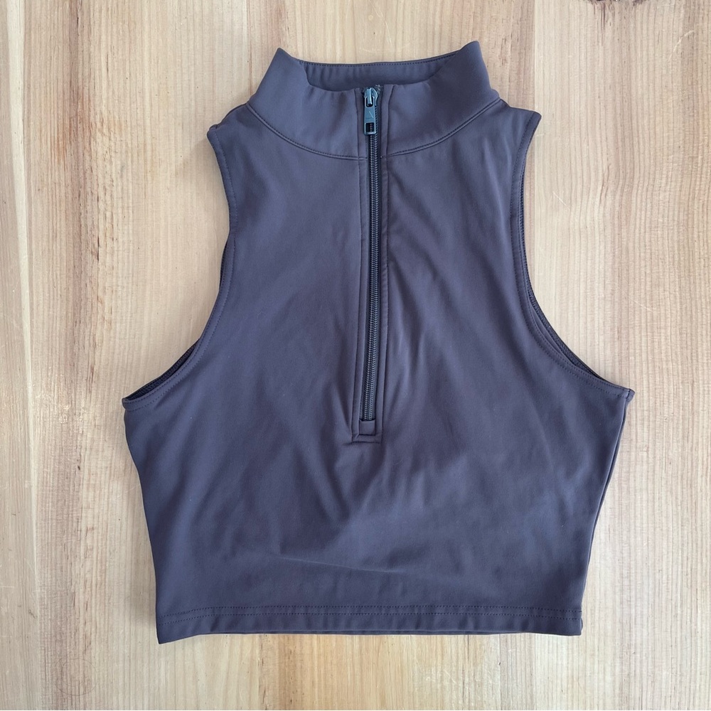 Cryspylam Zip Front Crop Tank Top | Brown Sleeveless Activewear Size L